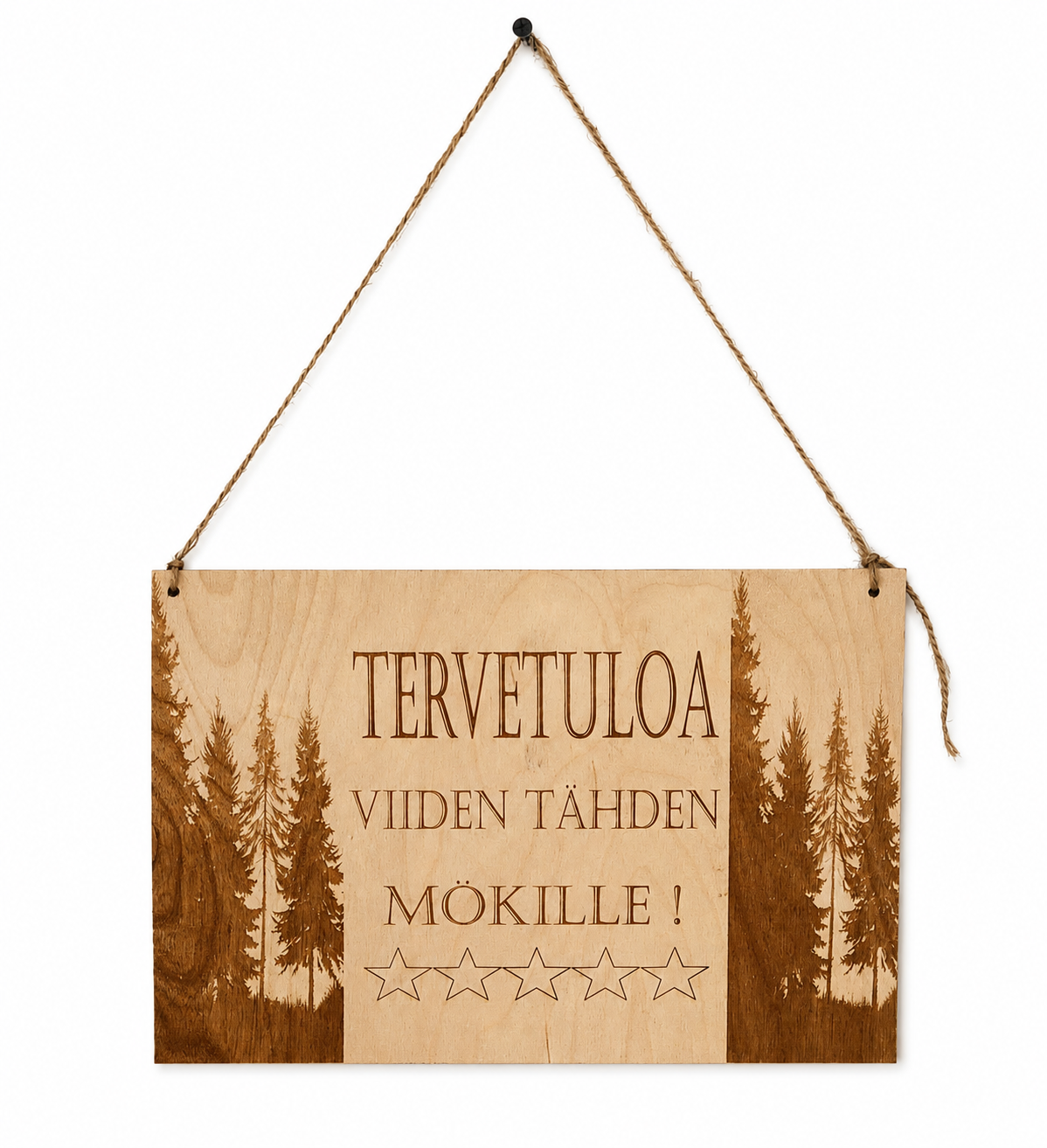 🌲 Tervetuloa viiden tähden mökille – puinen tervetulokyltti ⭐⭐⭐⭐⭐