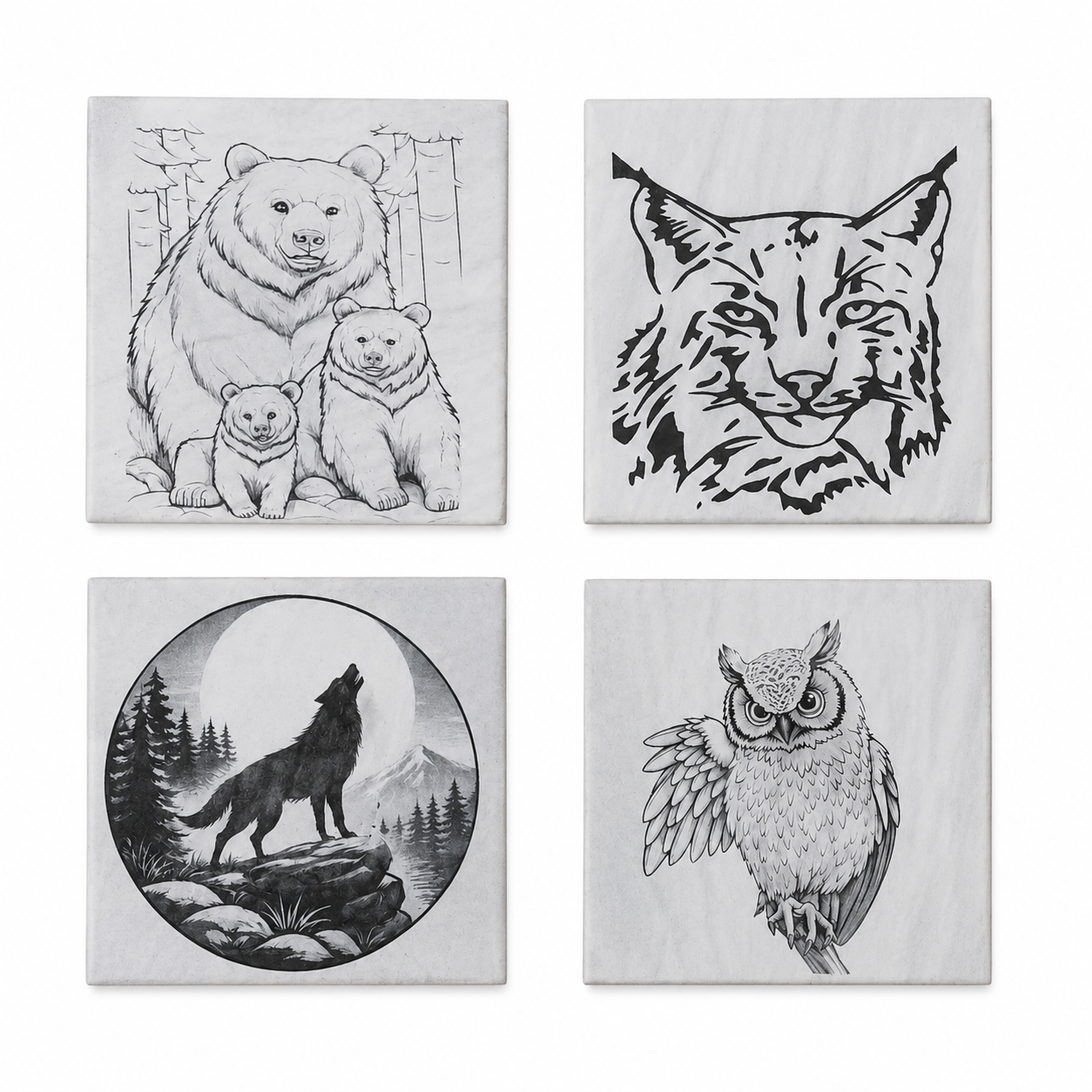 🦉🐺🐻 Metsän eläimet – keraaminen lasinalussetti (4 kpl) 🐾