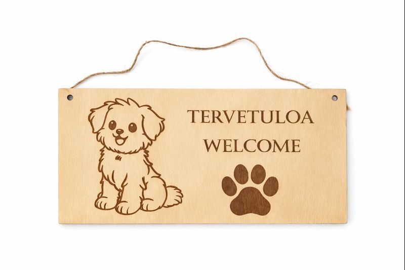 Tervetuloa kyltti- koira teemalla.