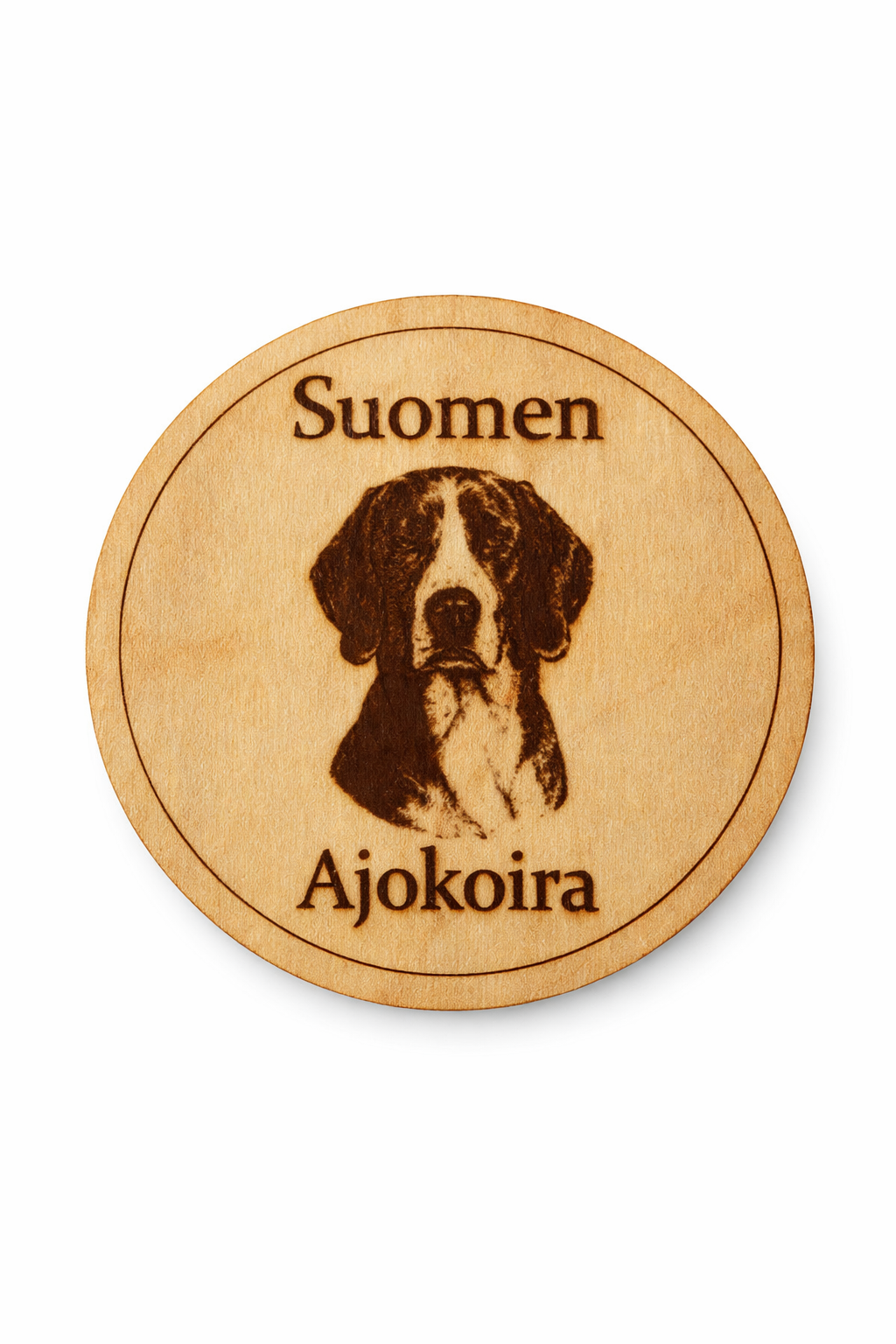 Suomenajokoira - puinen lasinalunen