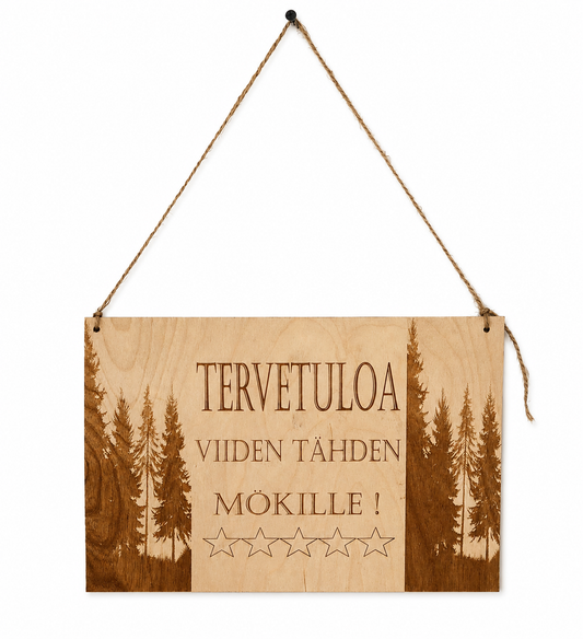 🌲 Tervetuloa viiden tähden mökille – puinen tervetulokyltti ⭐⭐⭐⭐⭐