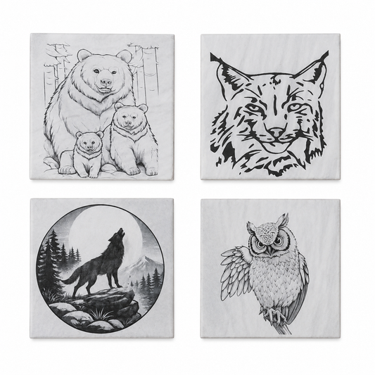 🦉🐺🐻 Metsän eläimet – keraaminen lasinalussetti (4 kpl) 🐾