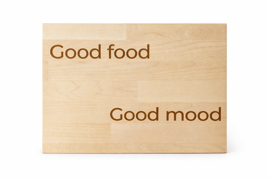 Puinen leikkuulauta – “Good food, good mood” (370 x 310 mm)